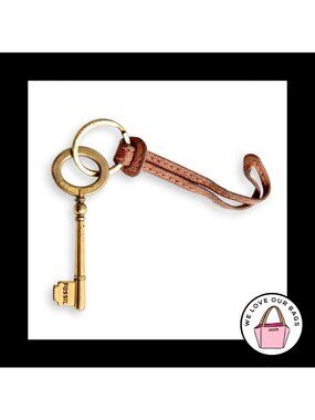 Y2K FOSSIL KEY Gold Brass Brown Leather Strap Bag Charm Hang Tag Keychain Fob